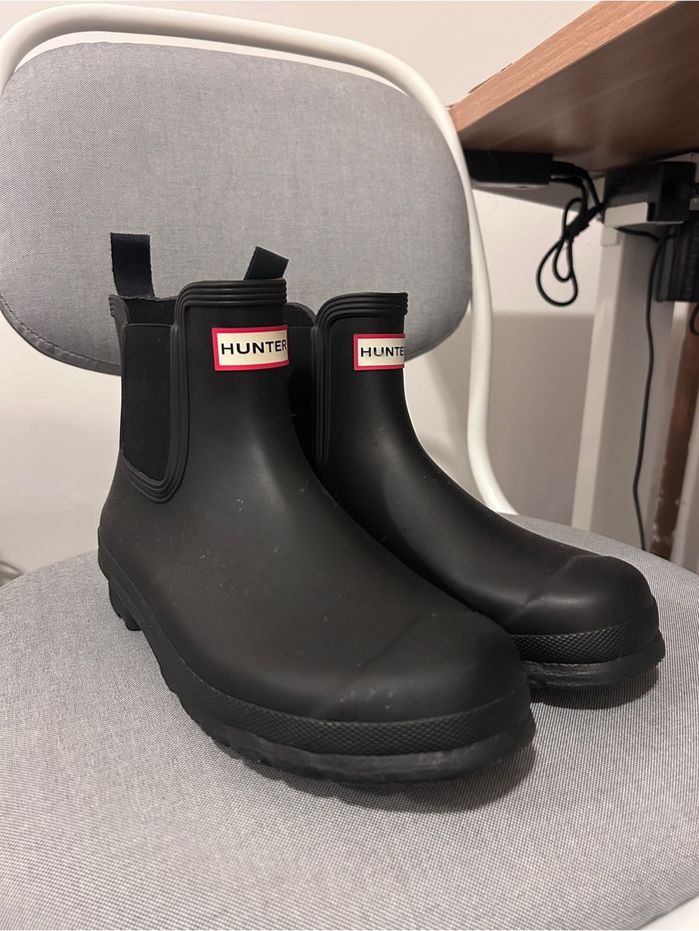 Hunter Black Chelsea Rain Boots with Red Logo Accent